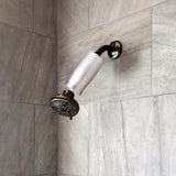 Silver shower filter attached to railhead shower in the shower to prevent build up of chlorine green hair