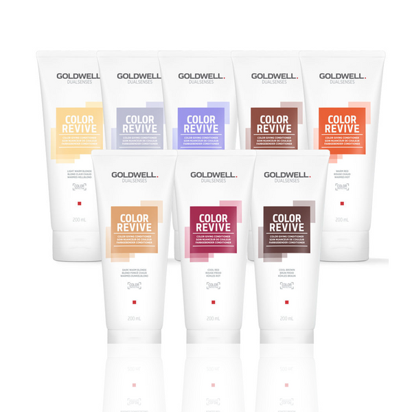 Goldwell Colour Revive Colour Conditioner A conditioner to revive or intensify salon colour in between visits. Icy Blonde, Light Warm Blonde, Dark Warm Blonde, Warm Brown, Cool Brown, Warm Red and Cool Red.