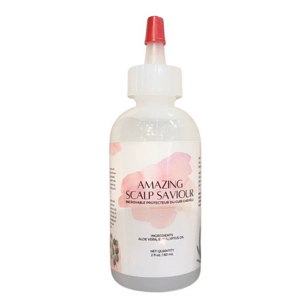 Amazing Hair Saviour Amazing Scalp Saviour white bottle with red lid.  Heals dry scalp and removes dandruff and flakes  vegan hair product